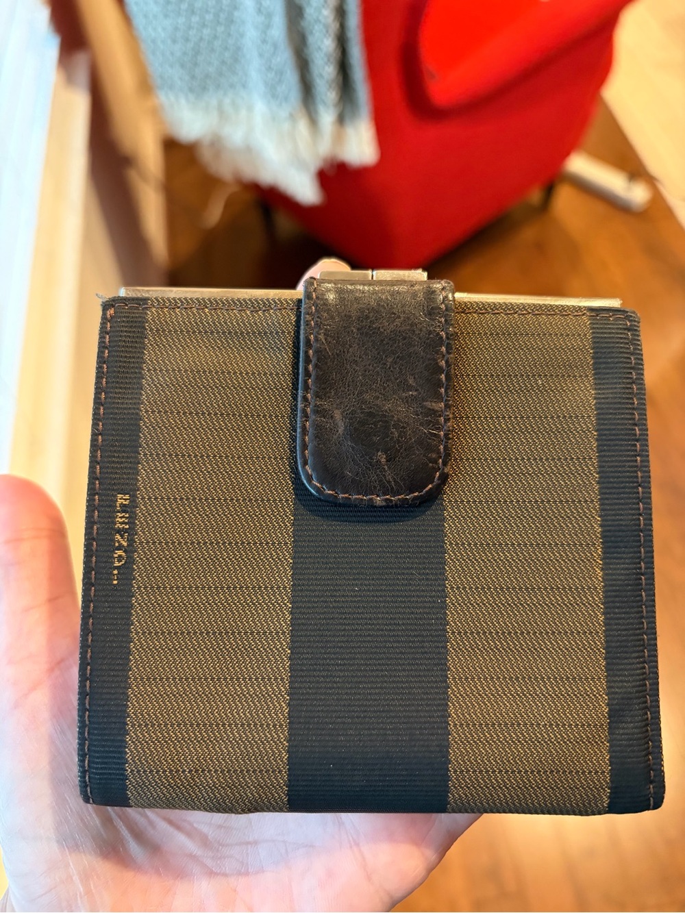 Fendi Pequin Stripe Striped Canvas Leather Compact Wallet with Kiss Lock